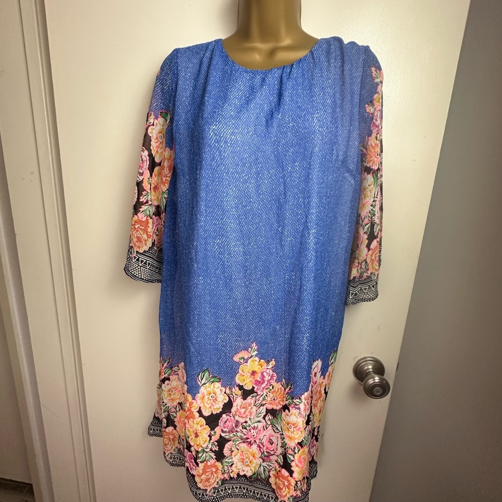 Meghan Los Angeles Blue With Speckled White Neon Floral Print Pullover Dress M